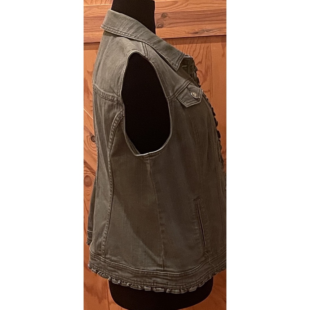 Christopher & Banks Womens Large Olive‎ Green Stretch Denim Vest Ruffle Trim - Picture 4 of 10